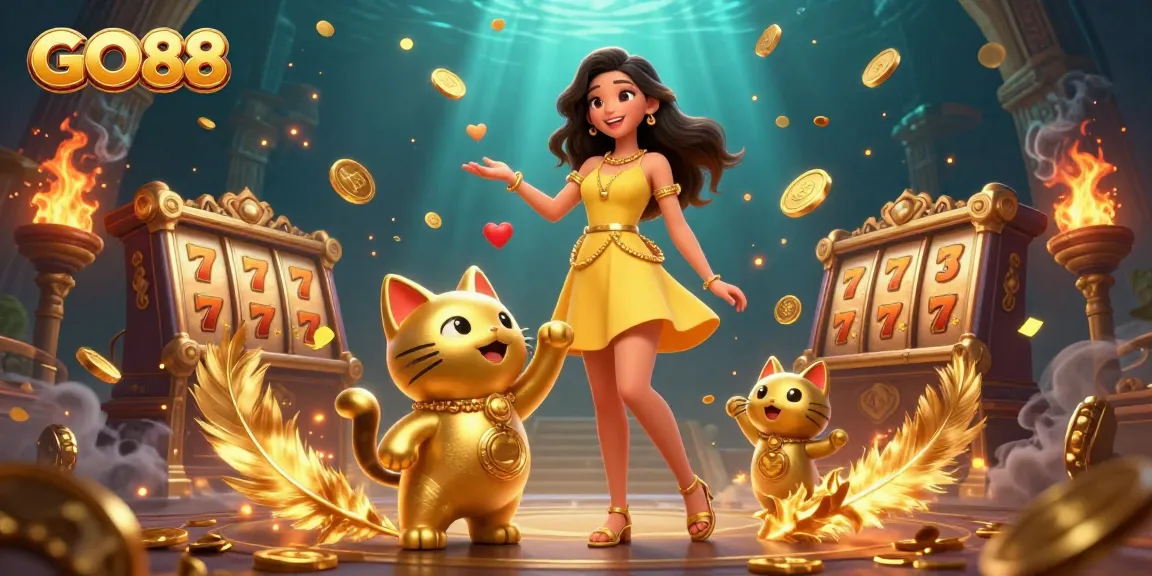 Play slots at GO88 with exciting jackpots and festive golden themes in this vibrant 3D illustration.