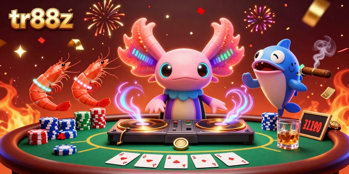 Experience vibrant gaming action with tr88z in a dynamic 3D casino scene featuring colorful characters and poker elements.