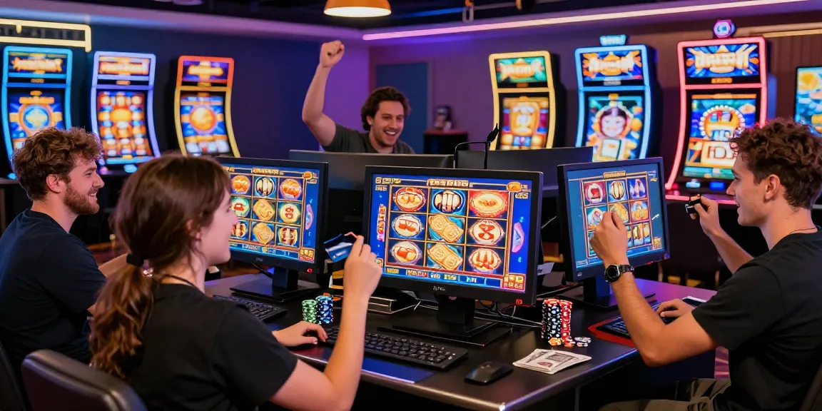Players enjoying credit card casinos UK with stacks of slot games and vibrant atmosphere.