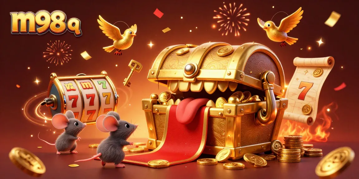 Engage with the vibrant m98 q world of online slots with a treasure chest and celebrating characters.