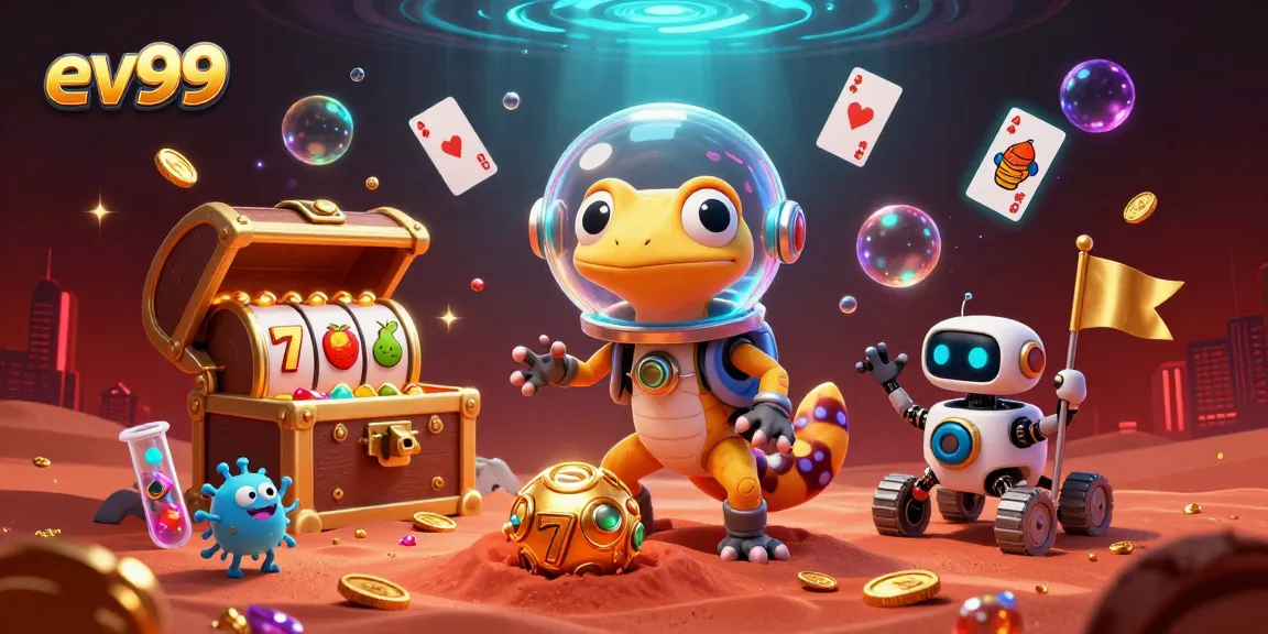 ev99 showcases a Martian gecko alongside vibrant slot reels and golden casino treasures.