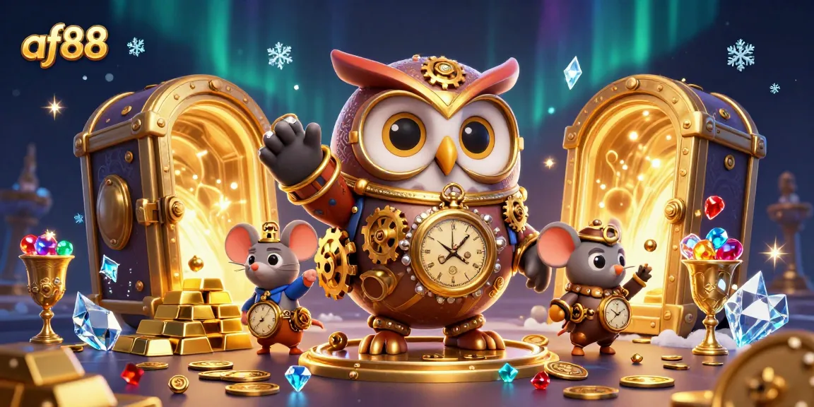 Experience thrilling gameplay at af88 with a whimsical scene of a time-traveling owl and golden treasures.