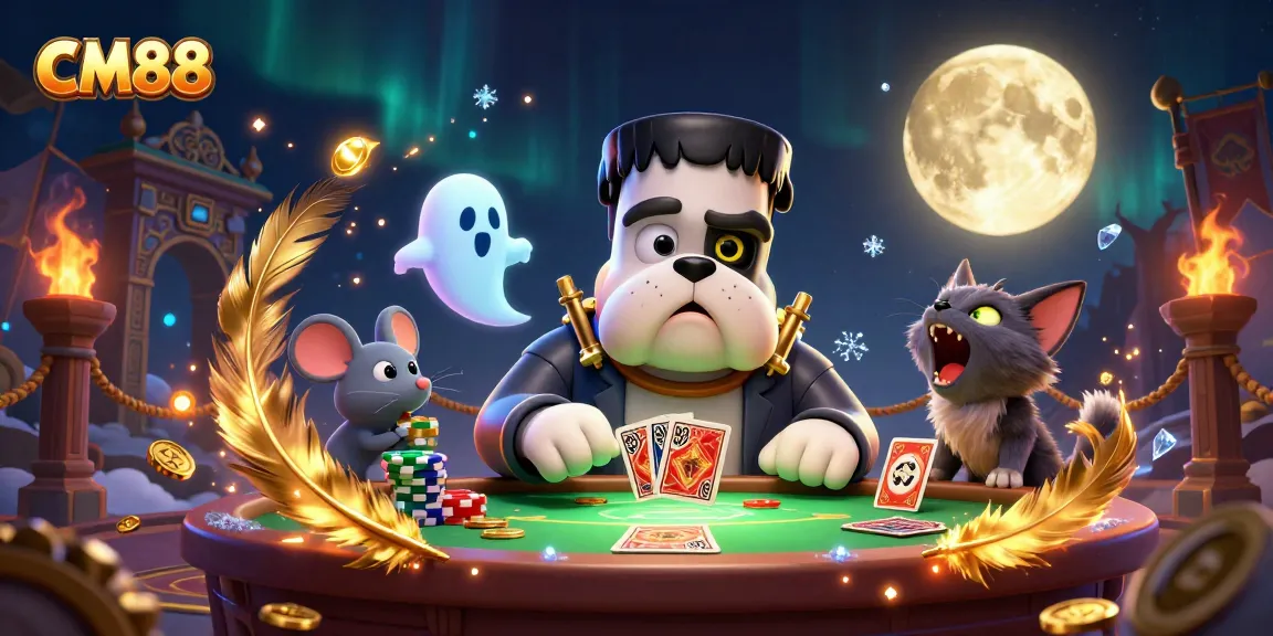 Engage with CM88's thrilling gaming experience featuring a cartoon bulldog dealer, ghost mouse, and more!