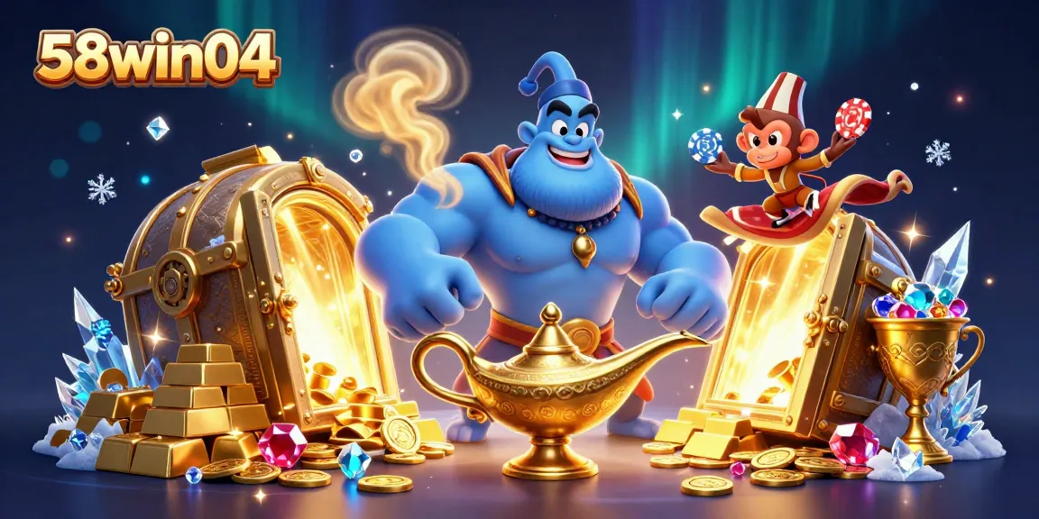 Engage in thrilling gameplay at 58win04 with vibrant casino elements and a dynamic genie scene.