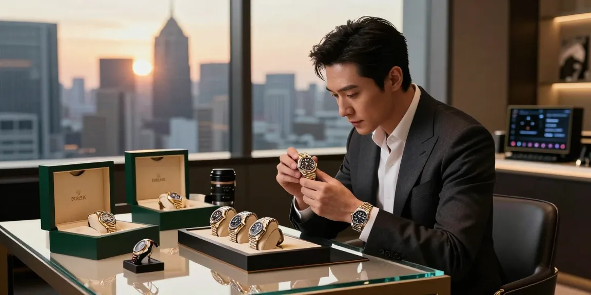 Stylish collector examining a rolex replica watch in an urban luxury setting.