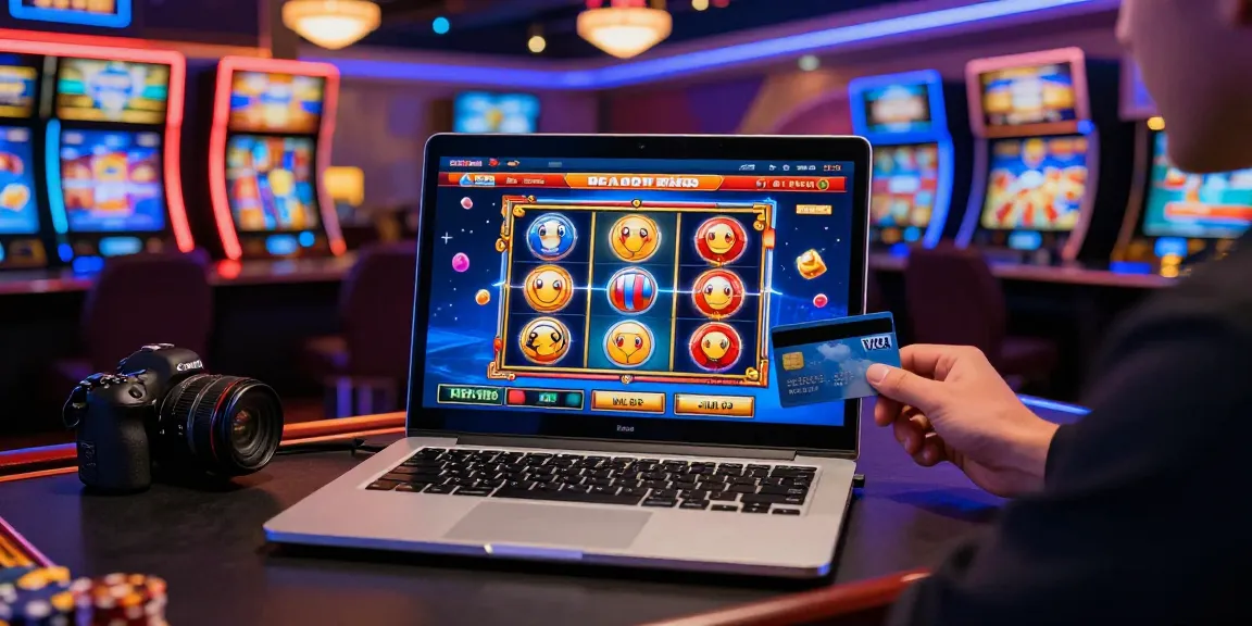 Player enjoying thrilling gameplay at credit card casino sites with vibrant graphics and a credit card ready for deposit.