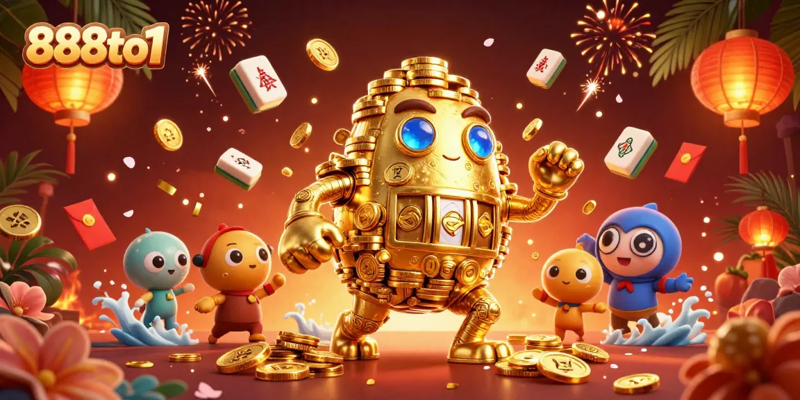 Engage with the thrilling world of 888to1, showcasing a vibrant 3D cartoon golden golem and festive elements.