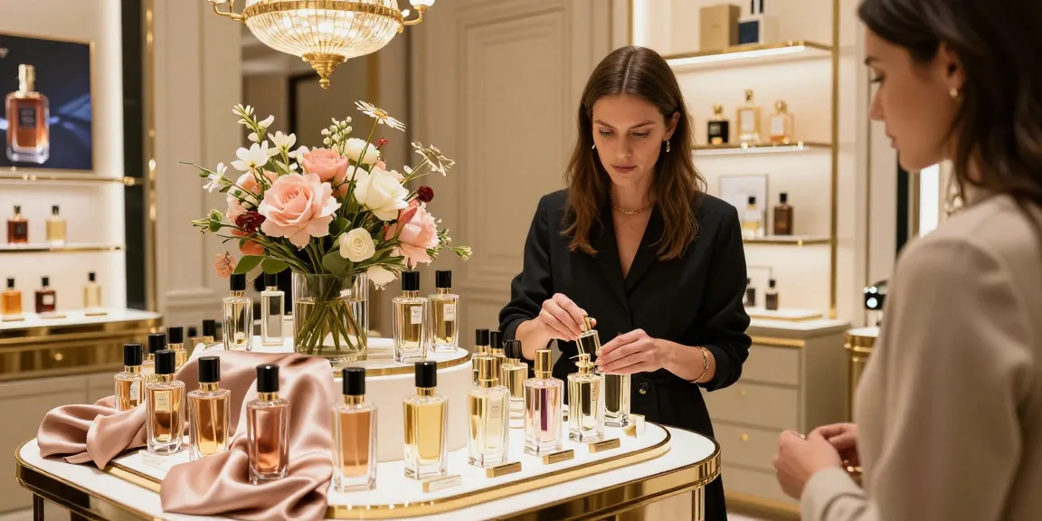Xerjoff fragrances displayed in an elegant boutique, expert consultant assisting a customer, inviting luxurious atmosphere.
