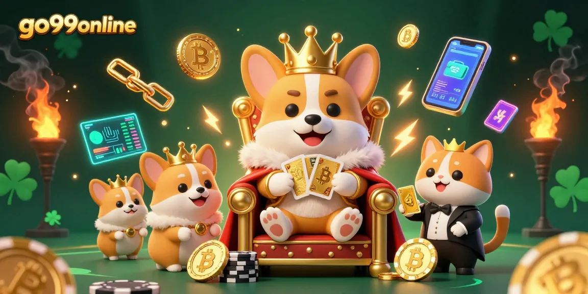 Engage with the lively atmosphere of go99online, featuring a royal corgi on a poker chip throne amid dynamic gaming elements.