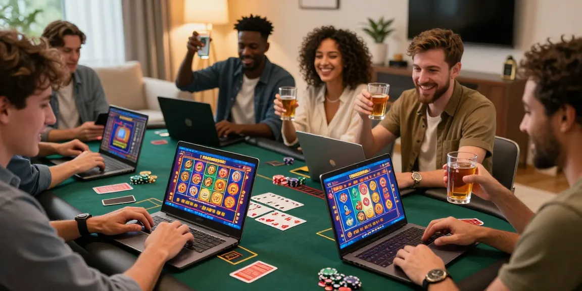 Exciting gaming scene of players enjoying credit card casino games on laptops and mobile devices