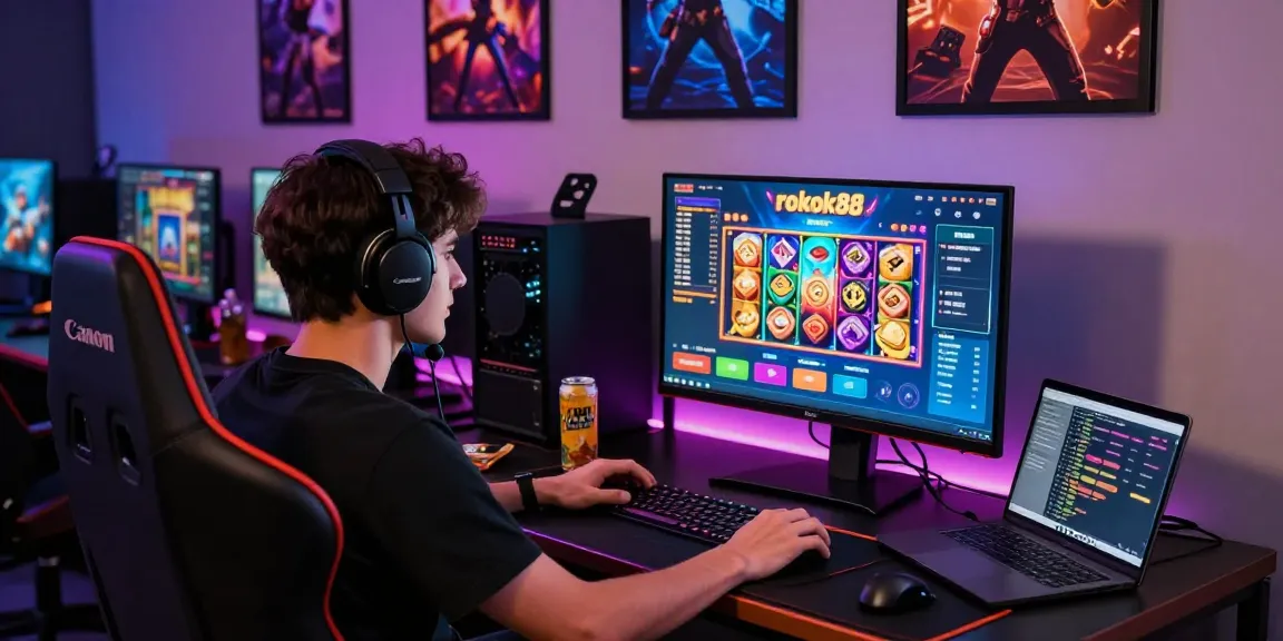 Engaging gamer playing rokok88 slot with high-tech setup and vibrant atmosphere.
