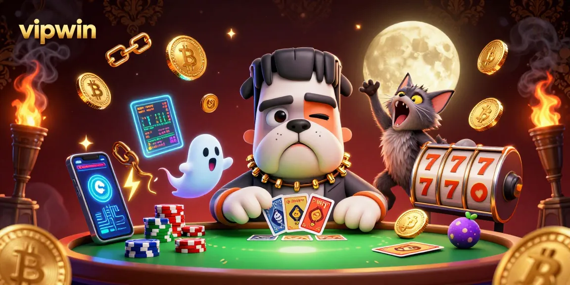 Engage in thrilling gaming at vipwin with a lively 3D casino scene featuring a unique Frankenstein bulldog dealer.