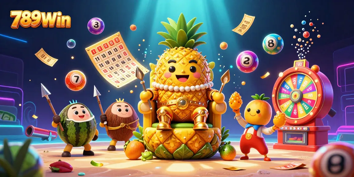 Engage with 789Win's vibrant world of gaming with a playful casino scene featuring lively characters and exciting lottery elements.