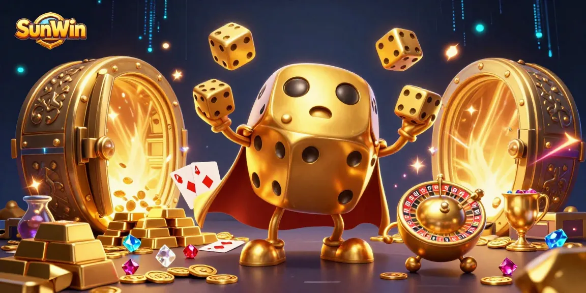 Win big with SunWin's immersive gaming adventure featuring vibrant golden elements and dynamic casino characters.