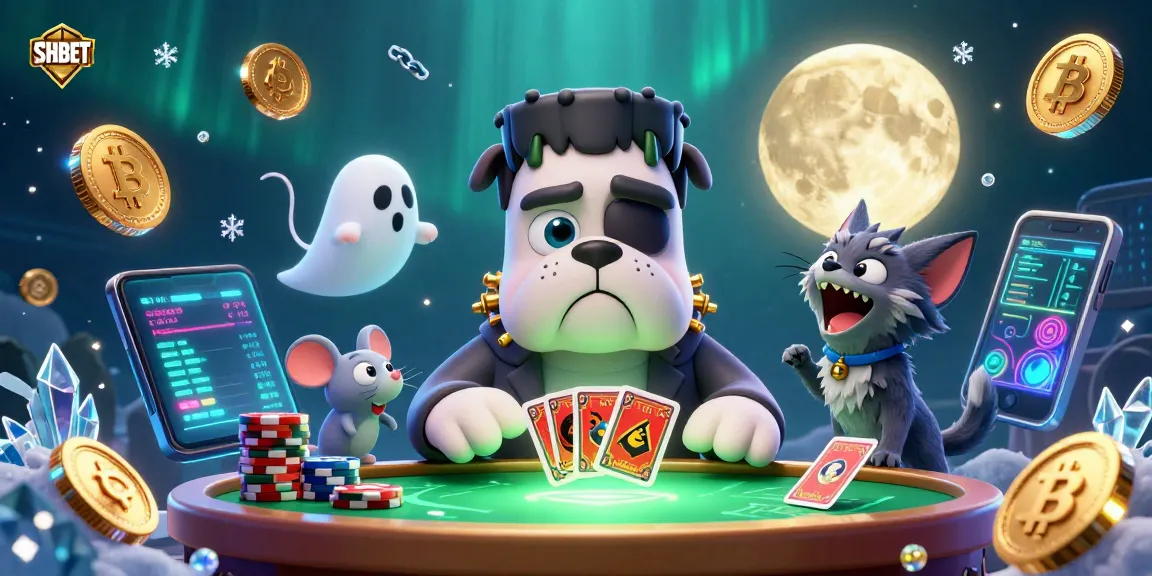 Experience thrilling card action at SHBET with a spooky 3D illustration featuring unique characters.