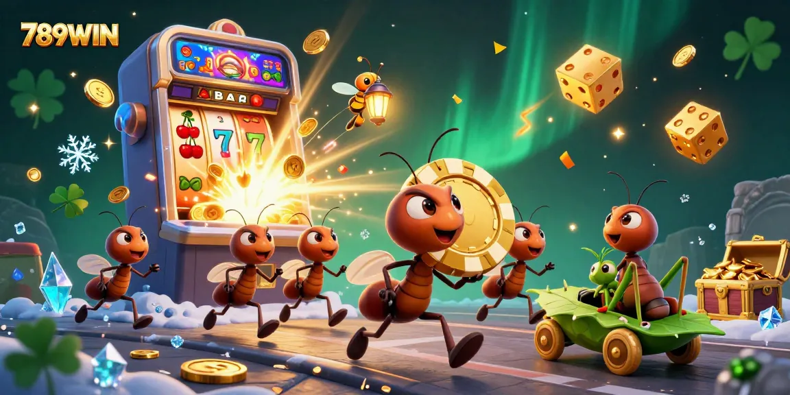 Experience the thrill of 789WIN with a team of ants heisting a gigantic poker chip amidst a dynamic casino scene.