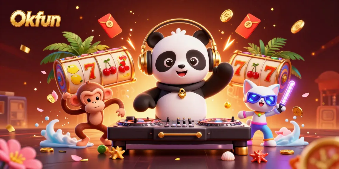 Engage with Okfun's vibrant casino scene featuring a DJ panda, dancing monkey, and rave kitten.