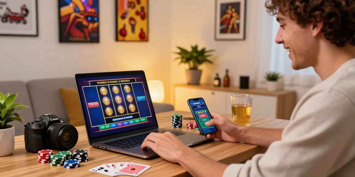 Excited player engaging with online credit card casino at home, showcasing https://transact.org.uk gaming elements and modern decor.