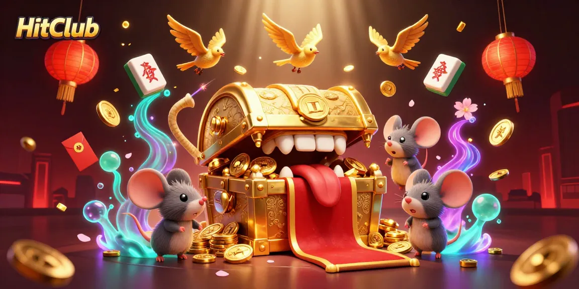 Experience entertaining gameplay at HitClub with our dazzling casino-themed illustration featuring golden treasures and festive elements.
