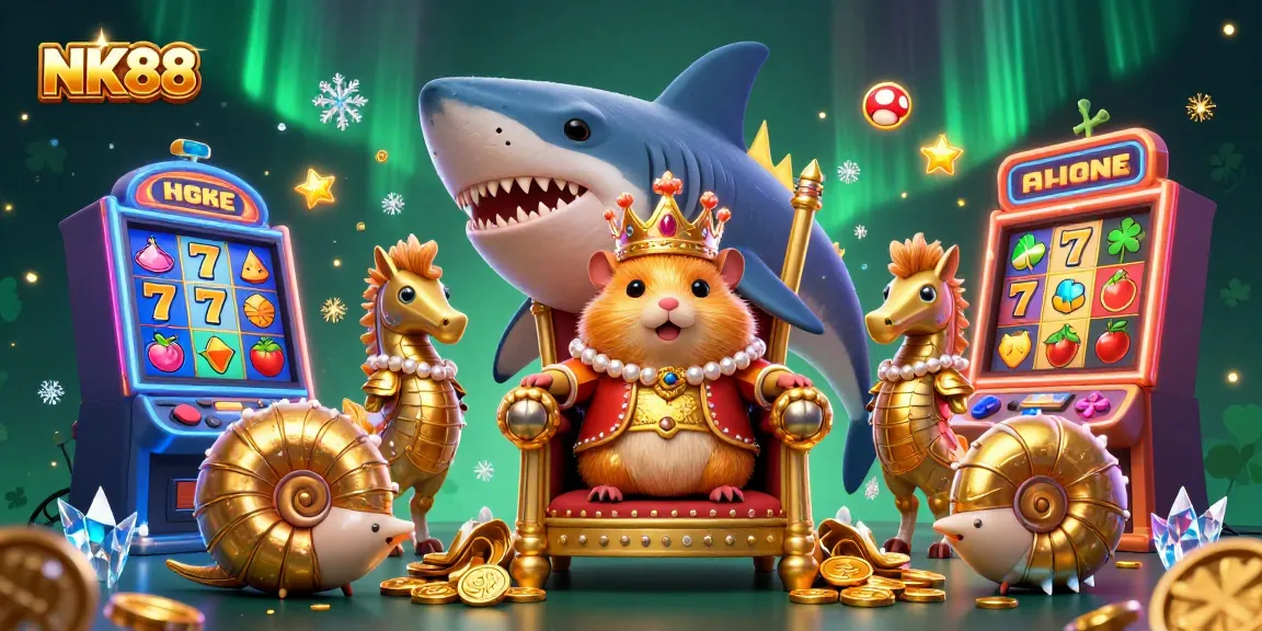 Experience NK88's vibrant casino atmosphere with a golden hamster king and colorful slot elements.