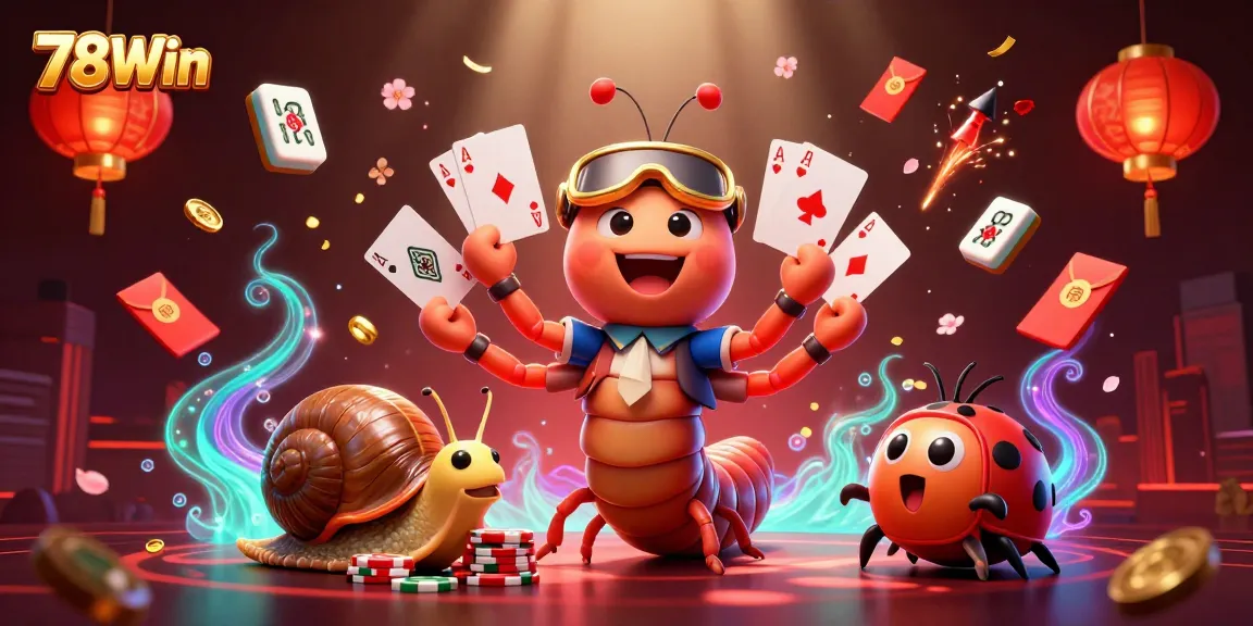 Experience vibrant gaming action with 78Win's cartoon dealer and high-roller amidst dynamic casino elements.