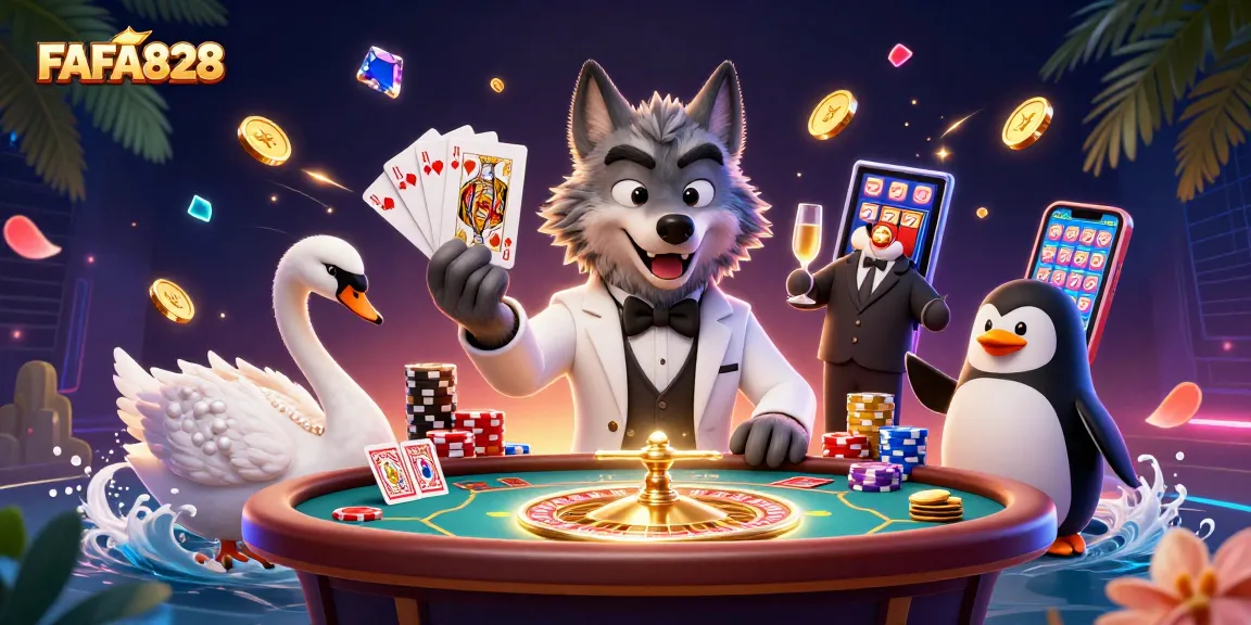 FAFA828 showcases an elegant 3D illustration of a debonair wolf at a baccarat table, surrounded by animated casino elements.
